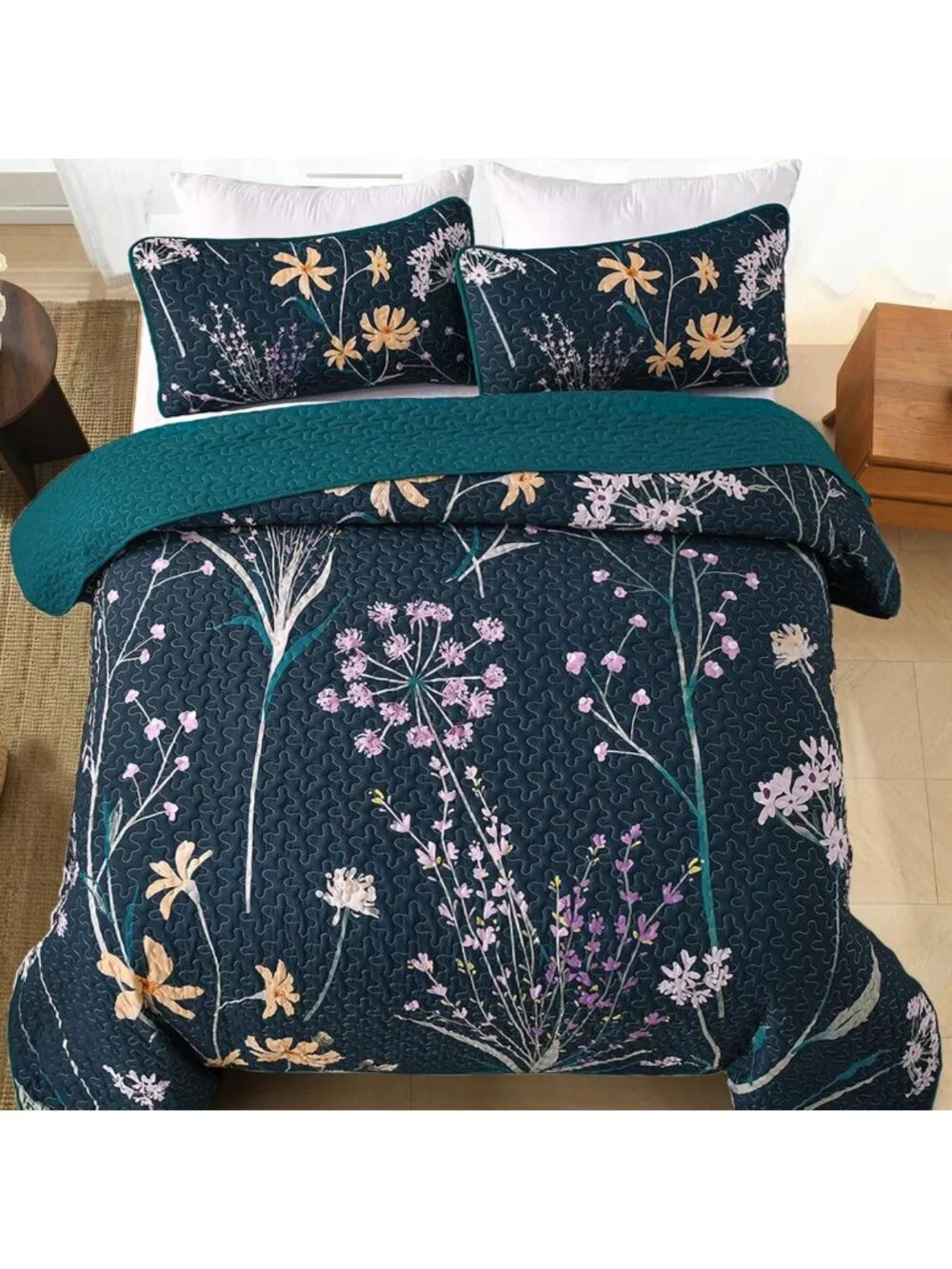 King Size Floral Quilt Set - Dark Green Botanical Bedspread for Cozy Bedrooms